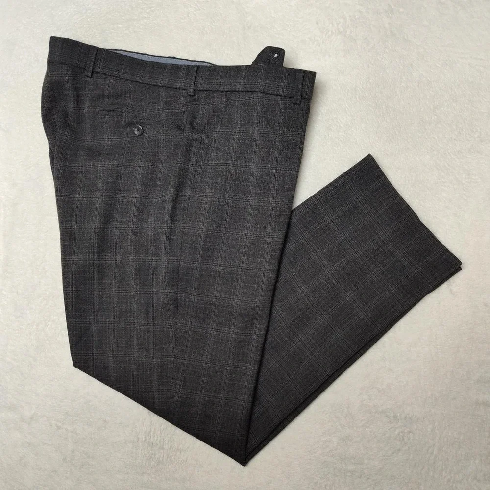 Ballin Pants Mens 38x32 Gray Plaid Dress Slim Tapered Microfiber Flat Stretch‎